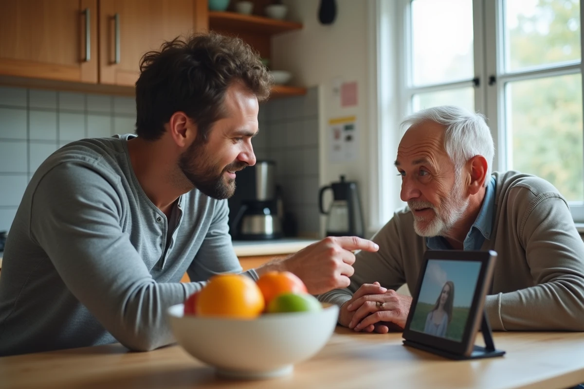 Un fils aidant son père senior à configurer un cadre photo numérique connecté dans la cuisine familiale