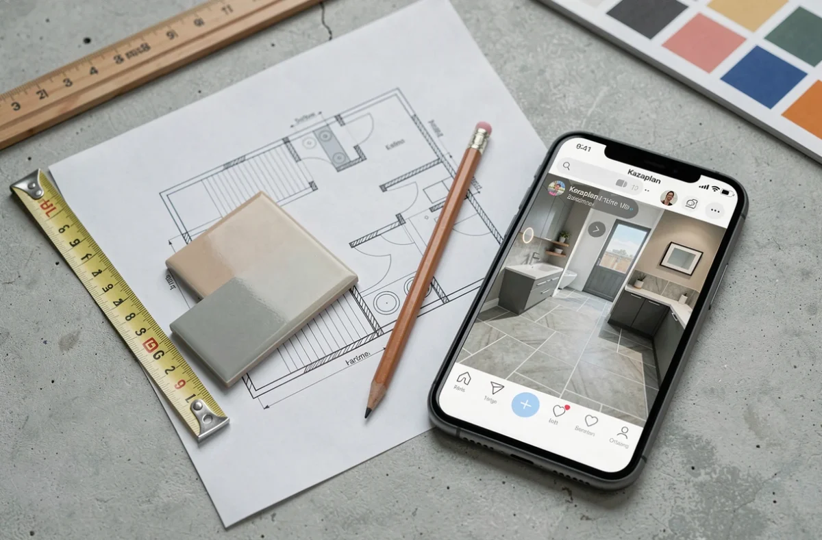 Flat lay de plan de salle de bains imprimé avec échantillons de carrelage et rendu 3D sur smartphone