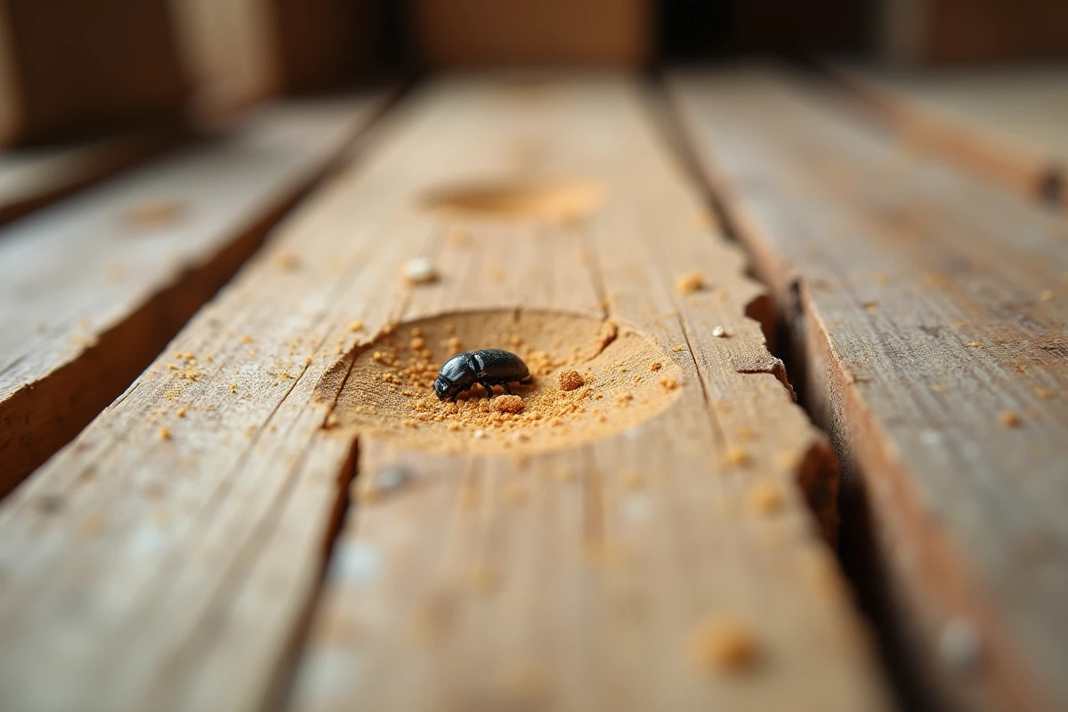 Gros plan sur des planches de bois anciennes trouées par des mites du bois avec de la sciure de bois autour des galeries