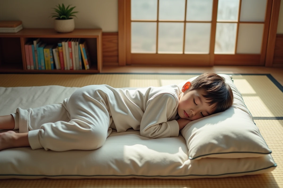 Garçon endormi paisiblement sur un futon sur tatami dans un salon calme