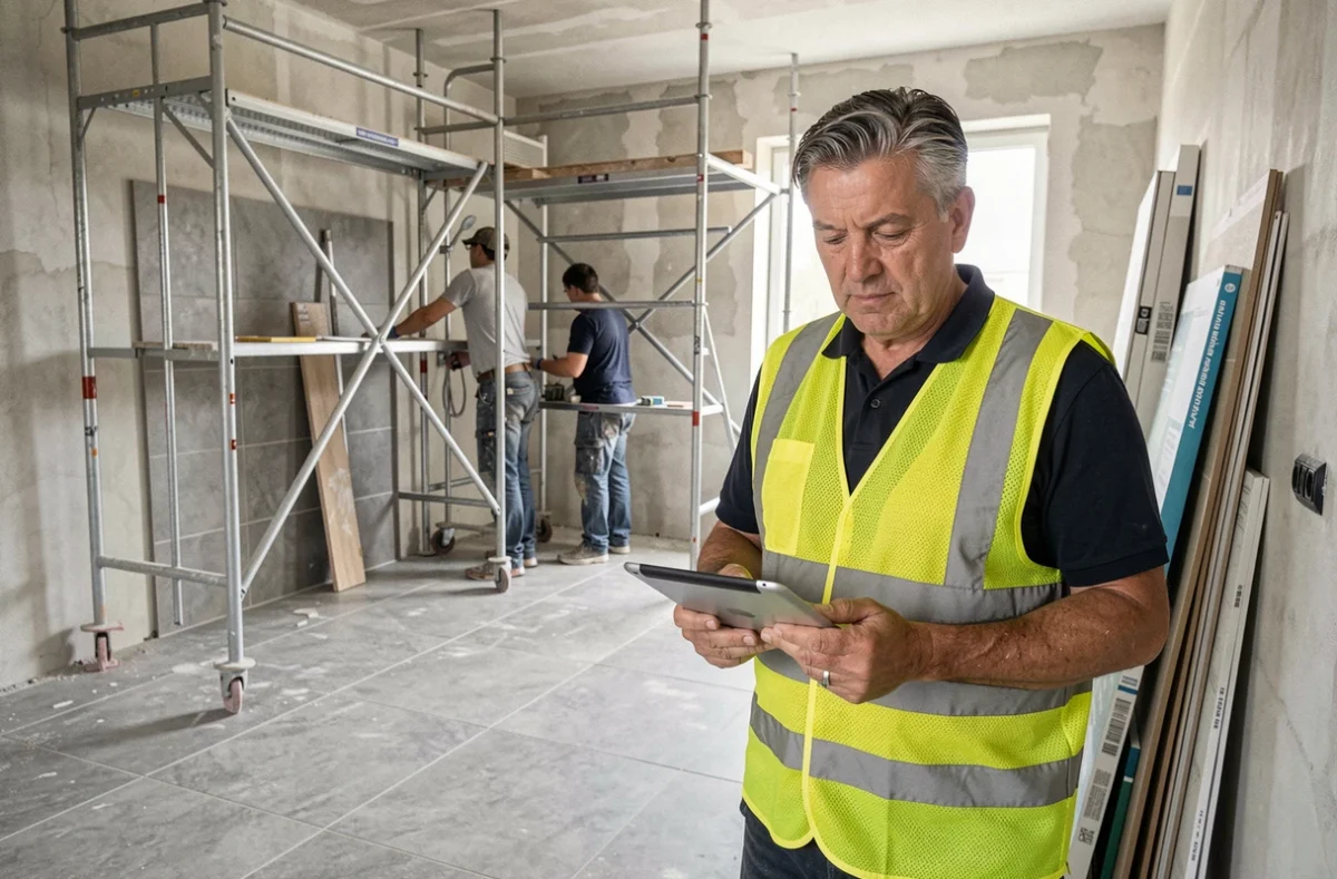 Chef de chantier de Générale De Rénovation supervisant des travaux de salle de bain dans un appartement à Marseille