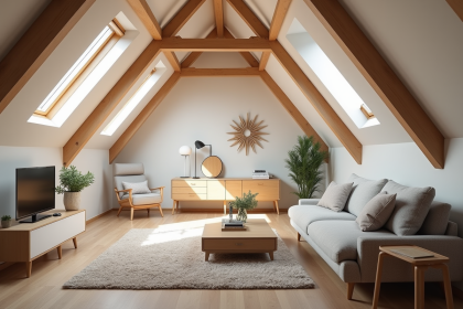 Espace de vie lumineux dans un grenier moderne avec poutres apparentes