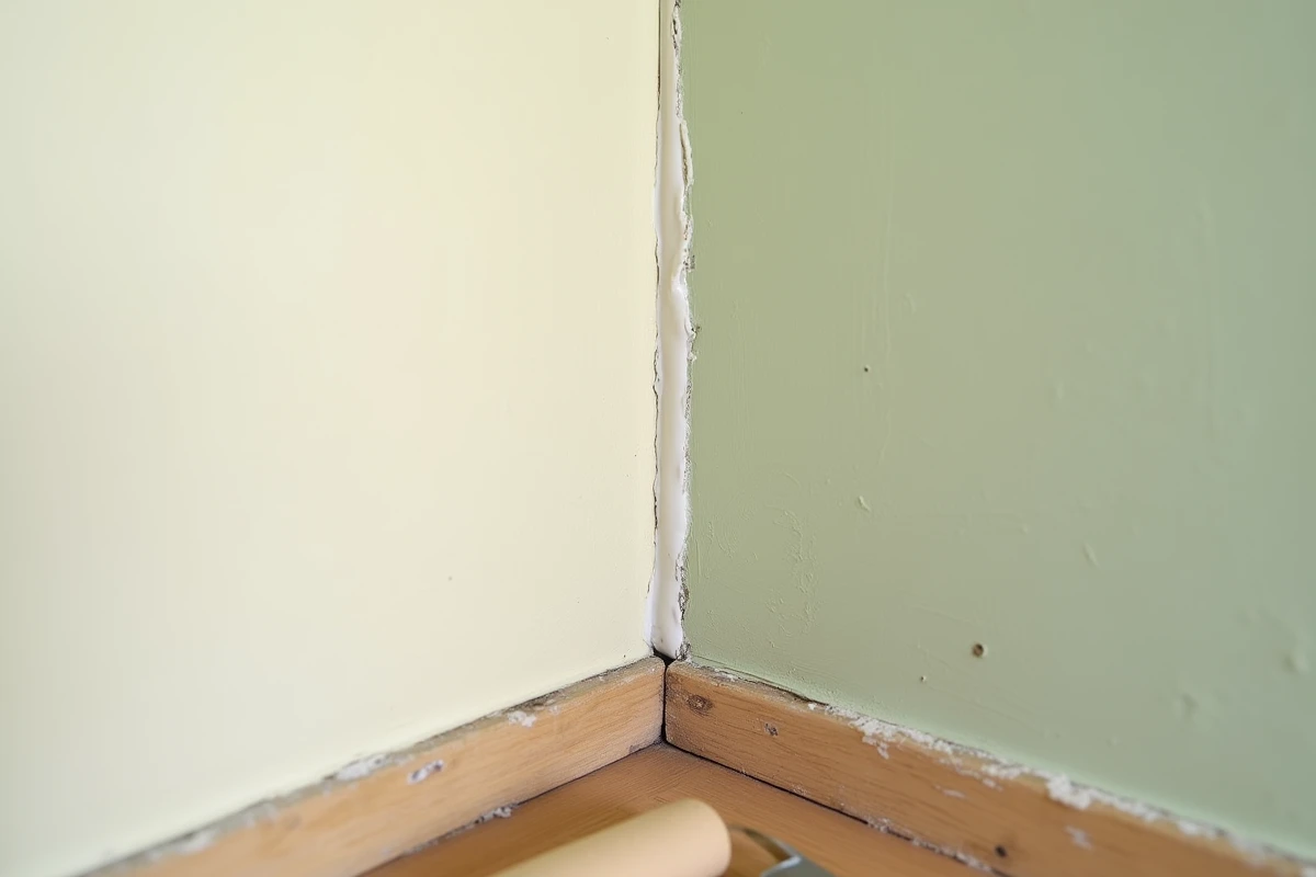 Gros plan d'un joint acrylique lisse entre deux murs peints de couleurs différentes dans une ancienne maison rénovée