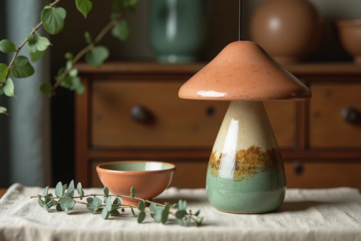 Gros plan d'une lampe champignon artisanale en céramique terracotta et vert sauge sur une commode en bois vintage avec accessoires naturels