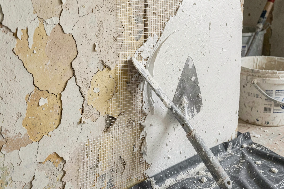 Gros plan sur la pose d'une toile fibre de verre sur un mur en plâtre fissuré avec enduit de rebouchage