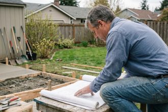 Homme d'âge moyen examine des plans architecturaux dans le jardin