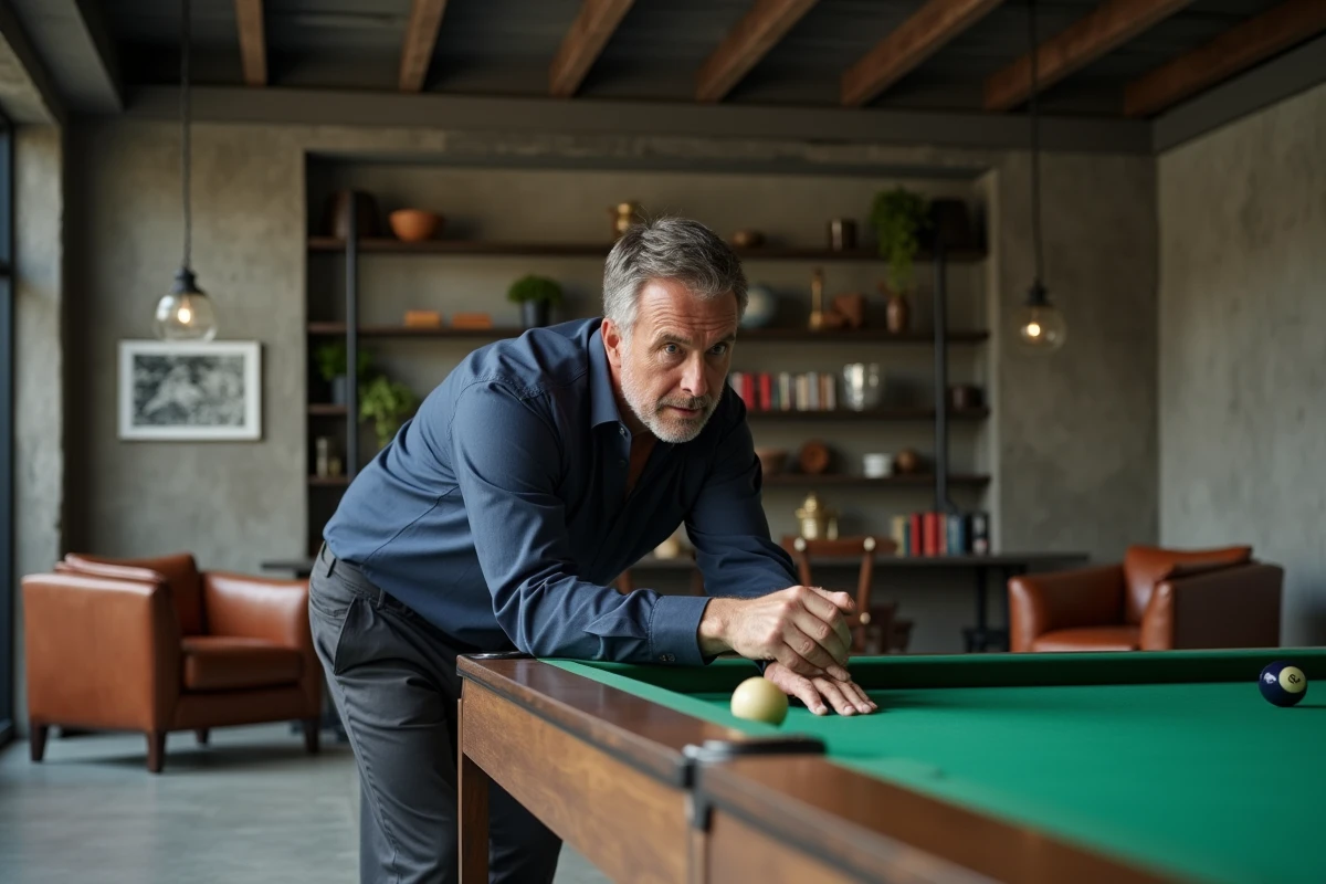 Homme jouant au billard sur une table Chevillotte dans une salle de jeu moderne au style industriel chic