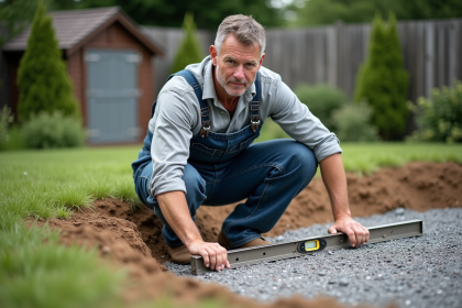 Homme en salopette vérifiant la surface de gravier pour piscine