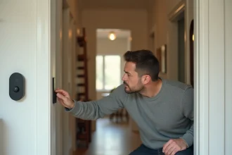 Homme examinant un détecteur de sécurité Angeleye fixé sur le mur d'une entrée de maison moderne