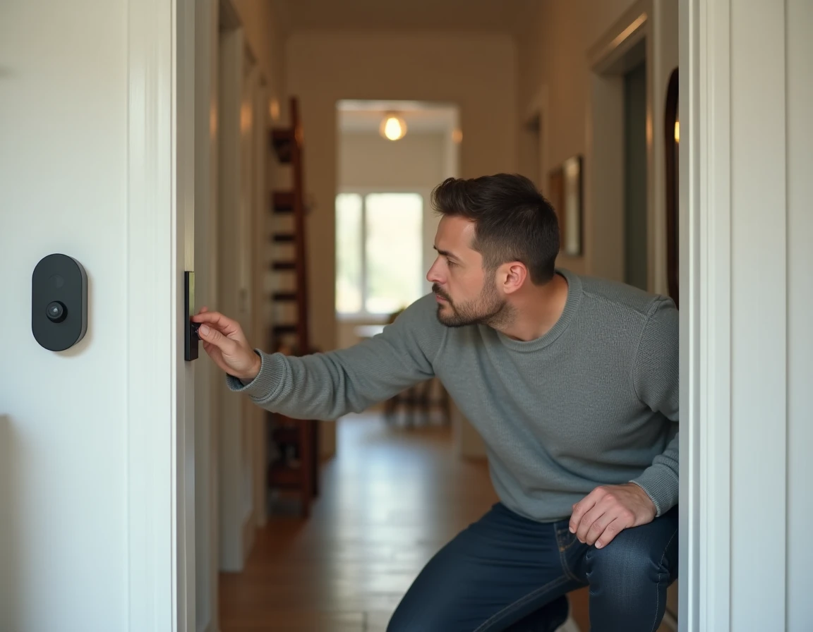 Homme examinant un détecteur de sécurité Angeleye fixé sur le mur d'une entrée de maison moderne