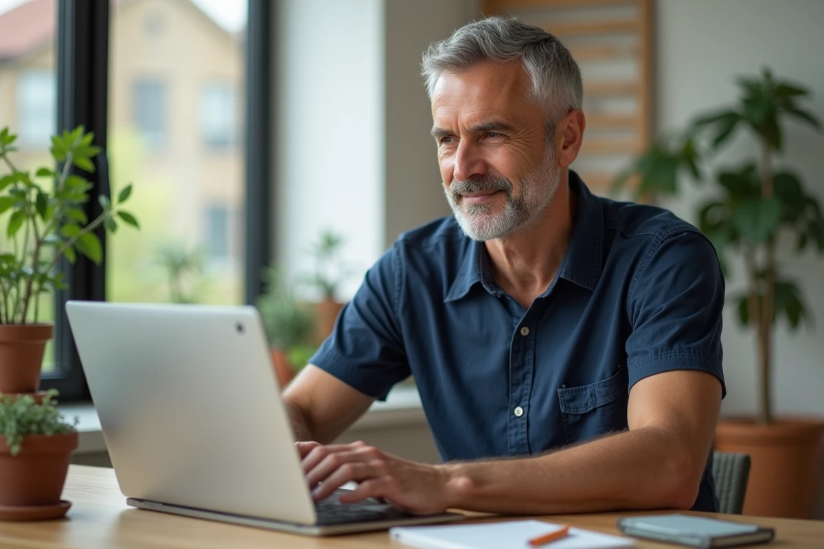 Homme utilisant une e-carte cadeau CSE sur son ordinateur portable à la maison