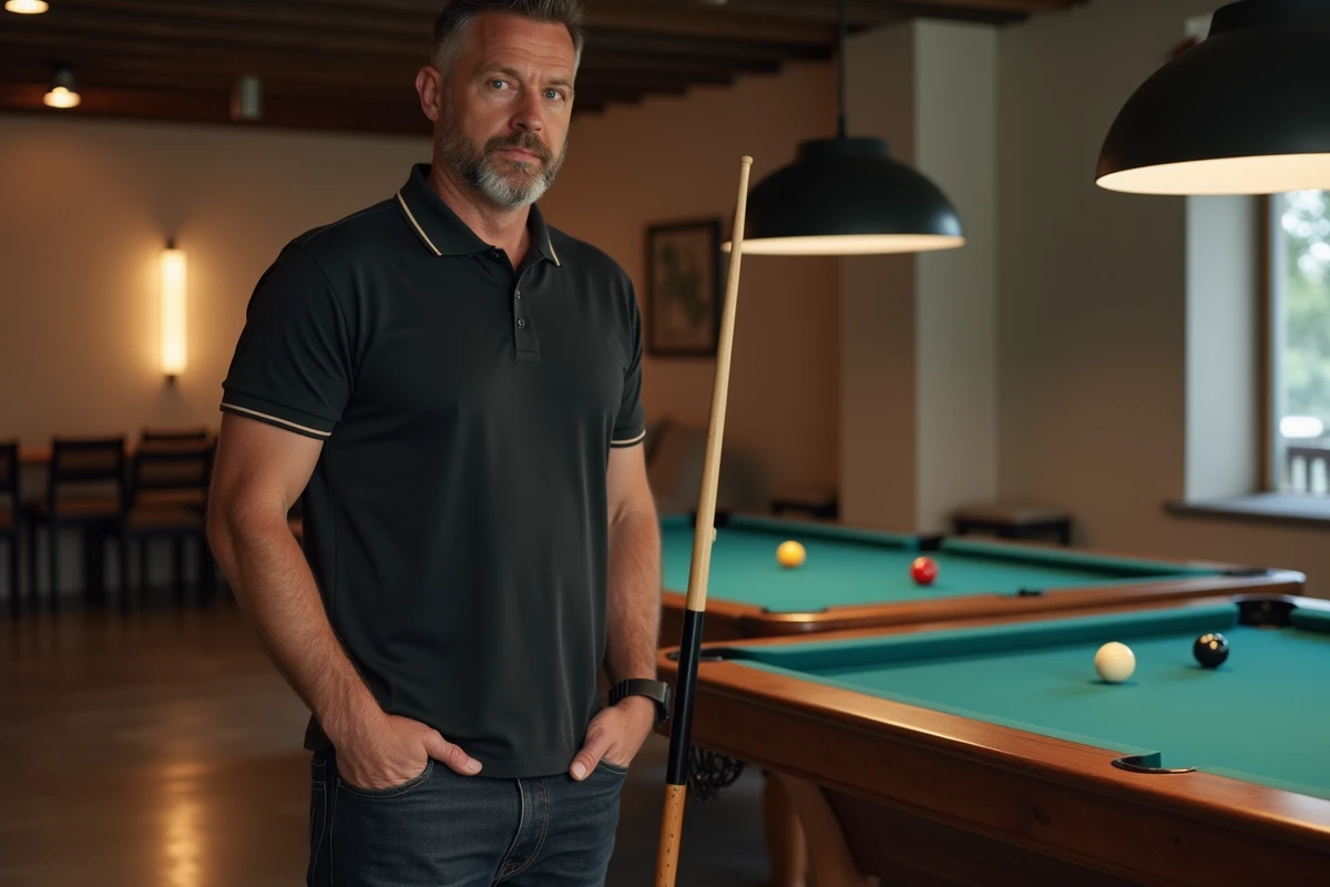 Homme debout à côté d'un billard américain pour illustrer l'échelle et les dimensions réelles de la table