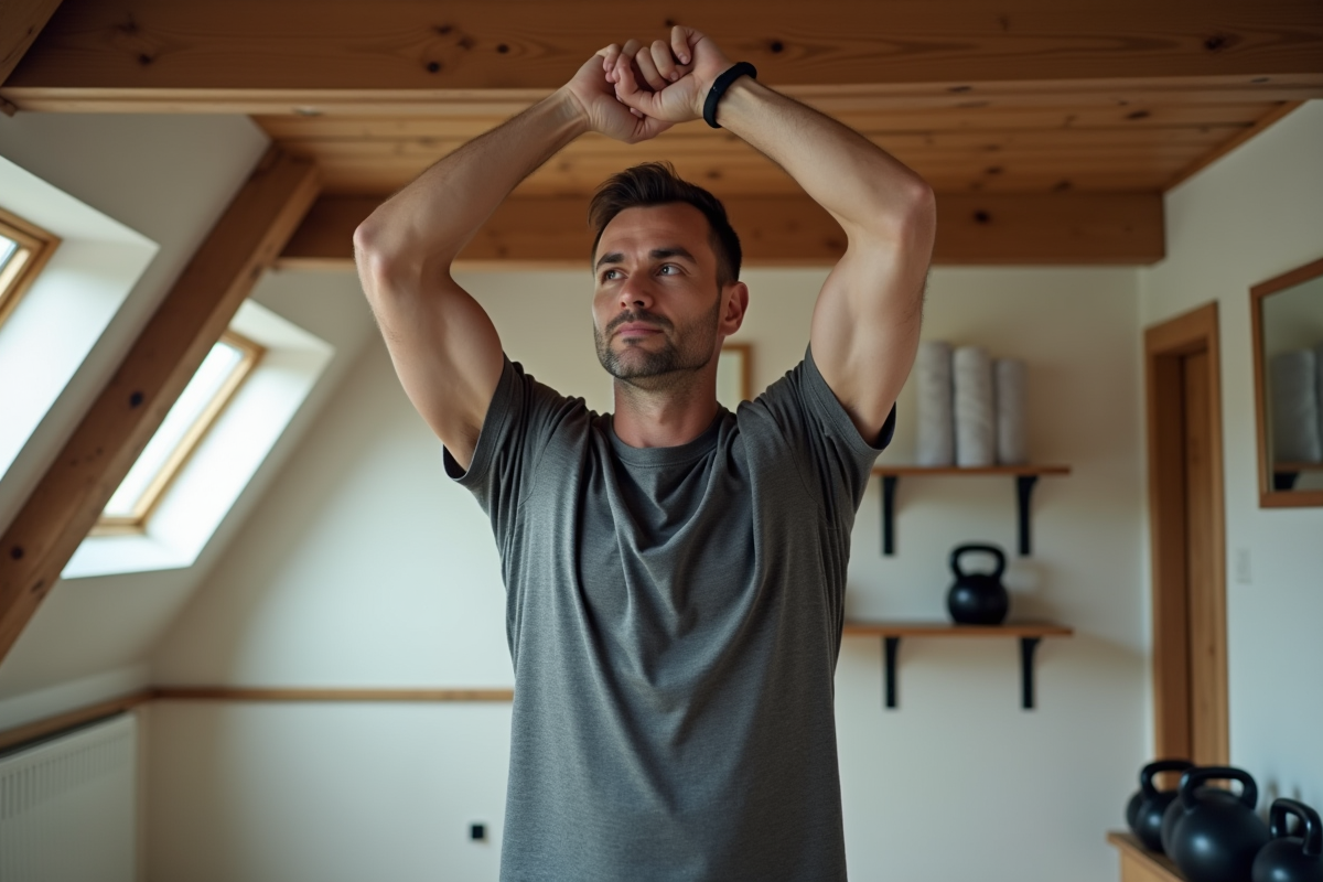 Homme d age en détente en étirement dans un gym attic