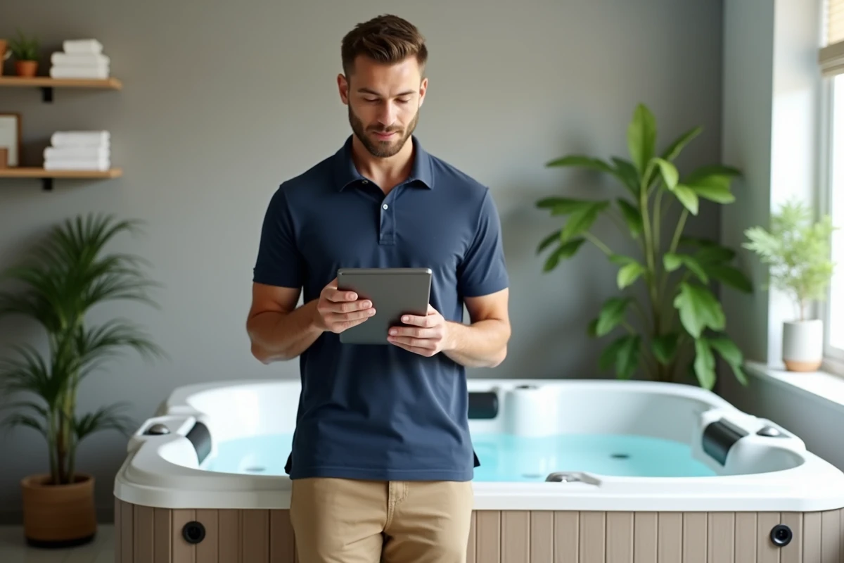 Jeune homme vérifiant un spa intérieur avec une tablette