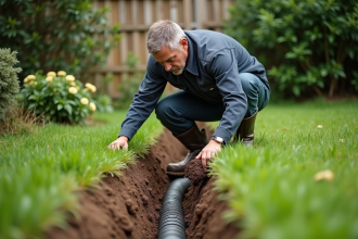 Homme en tenue de travail examine une tranchée de drainage dans un jardin