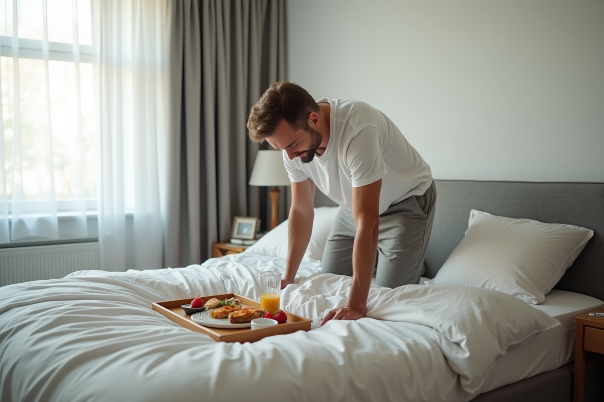 Homme faisant le lit dans une chambre ordonnée