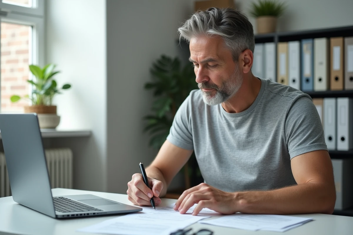 Homme remplissant un formulaire de demande de catalogue postal à son bureau à domicile