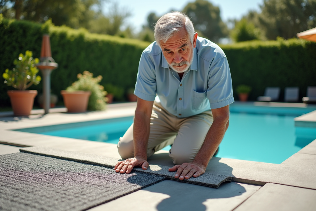 Homme âgé posant tapis sur terrasse de piscine extérieure