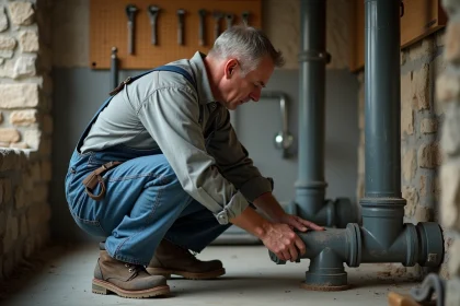 Homme en overalls v&eacute;rifiant des tuyaux d'isolation dans une maison