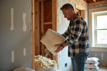 Homme appliquant de la cellulose dans un mur en r&eacute;novation