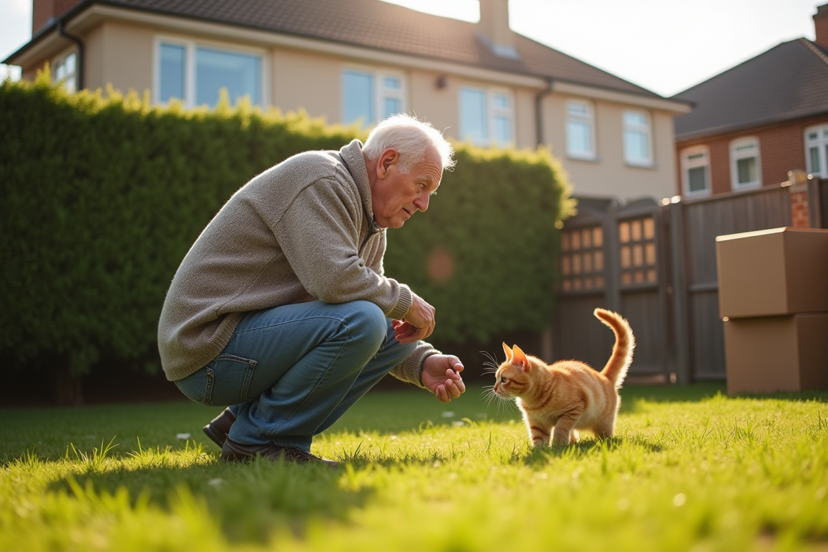 Homme âgé observant un chat dans un jardin en transition