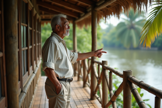 Homme âgé devant une maison sur pilotis en bois