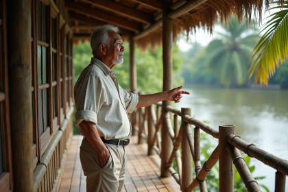 Homme âgé devant une maison sur pilotis en bois