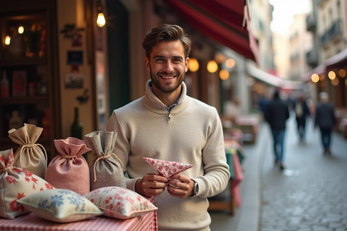 Jeune homme présentant des sachets en tissu dans un marché
