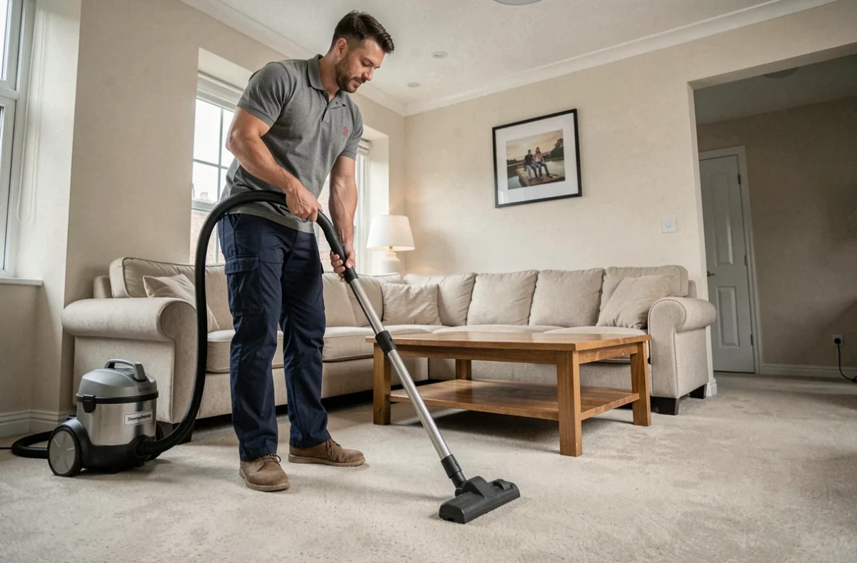 Homme passant l'aspirateur dans un salon résidentiel avec moquette et canapé beige