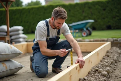 Homme en overalls mesurant un coffrage en bois dans un jardin