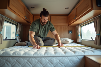 Homme mesurant un grand matelas dans un van am&eacute;nag&eacute;