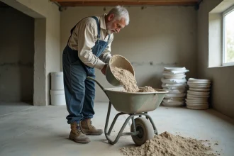 Ouvrier versant du mortier dans un chantier intérieur