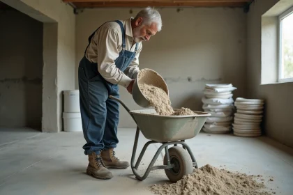 Ouvrier versant du mortier dans un chantier int&eacute;rieur