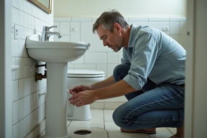 Homme d'&acirc;ge moyen examine un drain de salle de bain