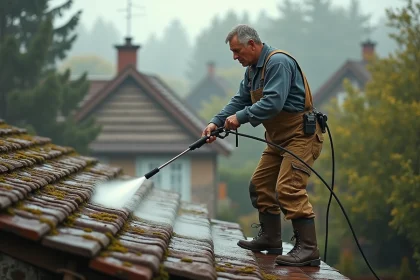 Homme en overalls nettoyant un toit en tuiles ancien