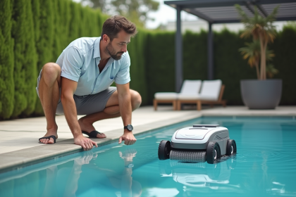 Homme d'âge moyen vérifiant un robot nettoyeur de piscine