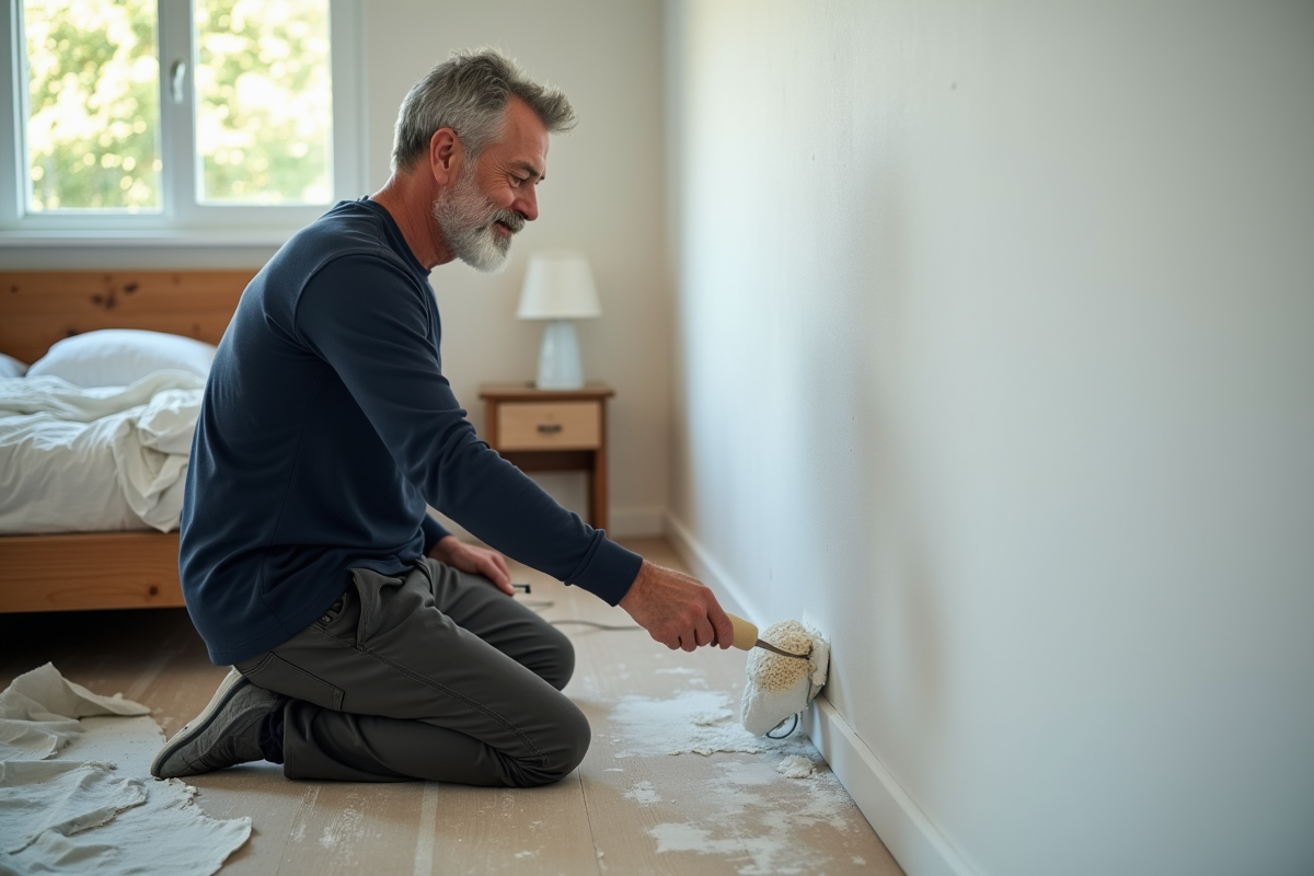 Homme appliquant de la peinture blanche dans une chambre