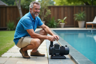 Homme d'âge moyen ajustant la pompe d'une piscine hors sol dans un jardin