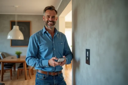 Homme souriant tenant un interrupteur sans fil dans un salon moderne