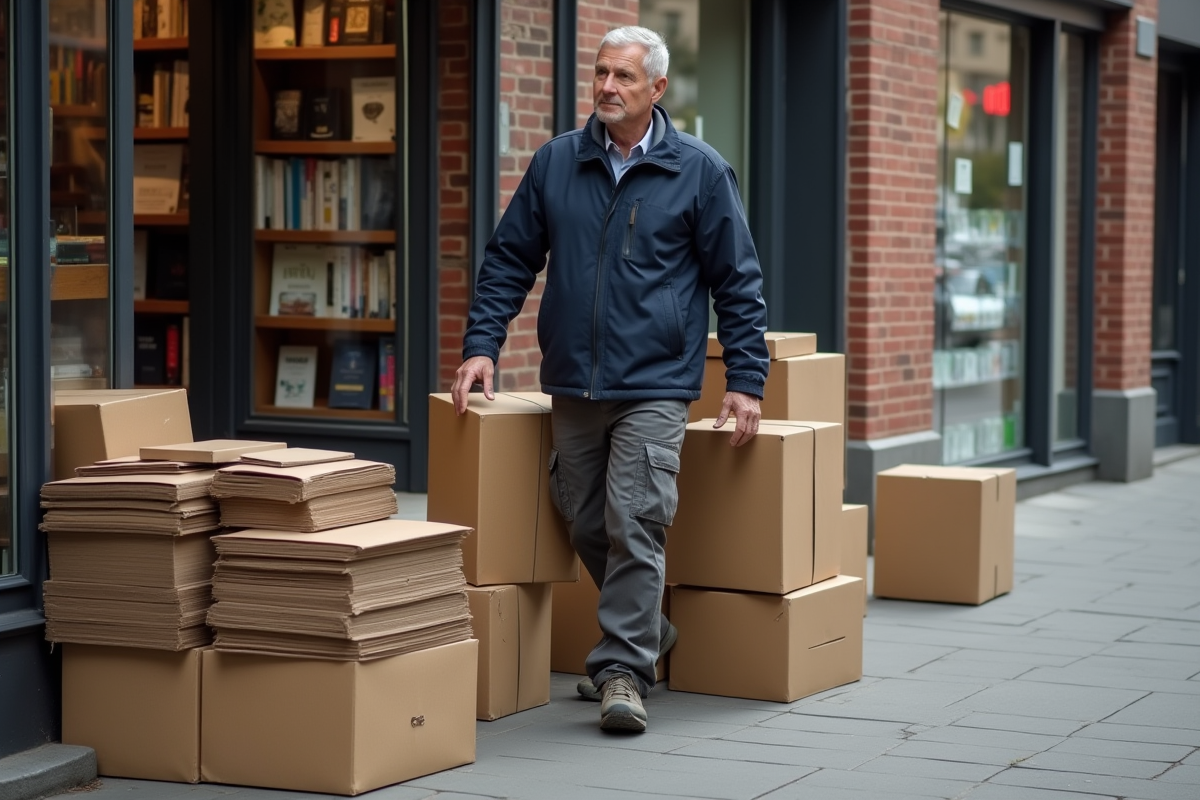Homme récupérant des cartons près d
