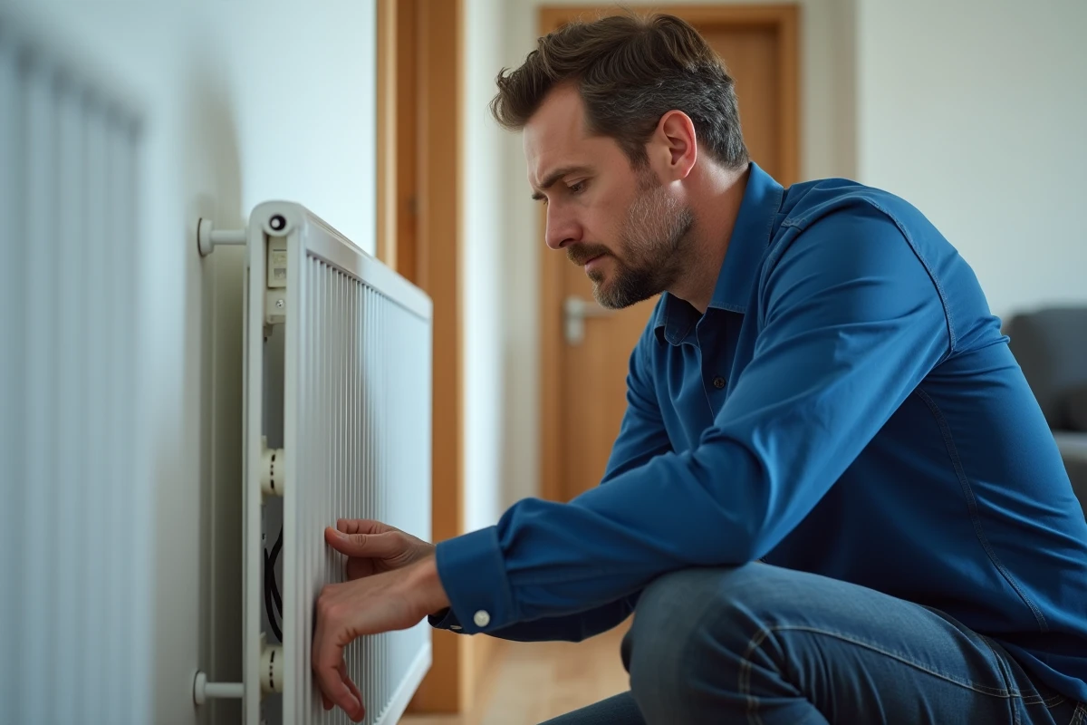 Homme d'âge moyen examine une prise électrique près d'un radiateur