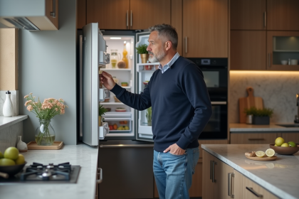 Homme d'âge moyen examine un réfrigérateur moderne dans une cuisine élégante