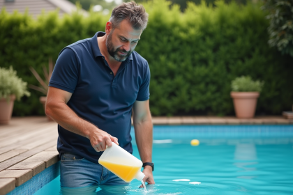 Homme d'âge moyen versant un floculant dans la piscine extérieure