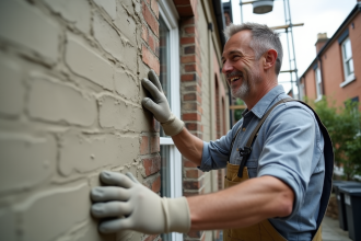 Ouvrier souriant appliquant du stucco sur une façade de maison