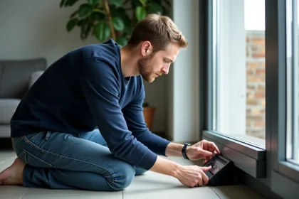 Homme concentré sur un panneau de contrôle de volet roulant