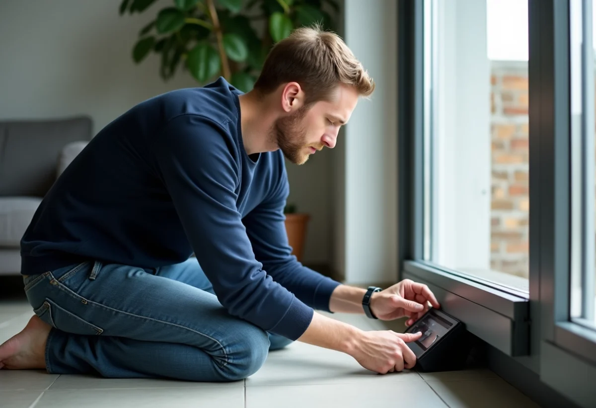 Homme concentré sur un panneau de contrôle de volet roulant