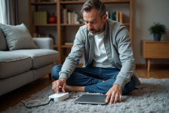Homme d'âge moyen éteignant une multiprise dans un salon moderne