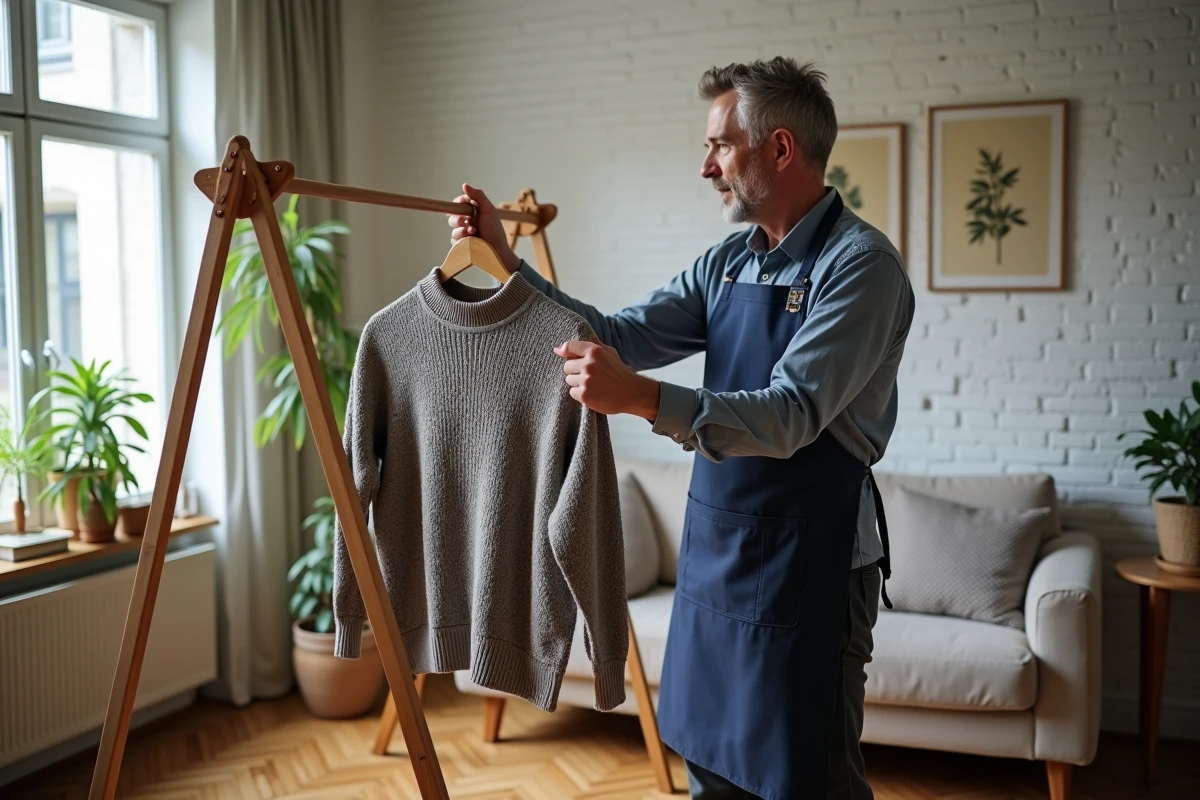 Homme suspendant un pull en laine sur un s&eacute;choir en suivant les pictogrammes d'entretien du linge