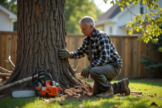Homme en vêtements de travail posant sa main sur un arbre coupé dans sa cour