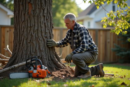 Homme en vêtements de travail posant sa main sur un arbre coupé dans sa cour